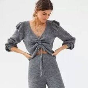 Gray Ruched V-Neck Knit Sweater